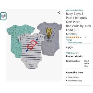 Baby Boy's 3-Pack Monopoly One-Piece Bodysuits by Junk Food (6-9 Months)
